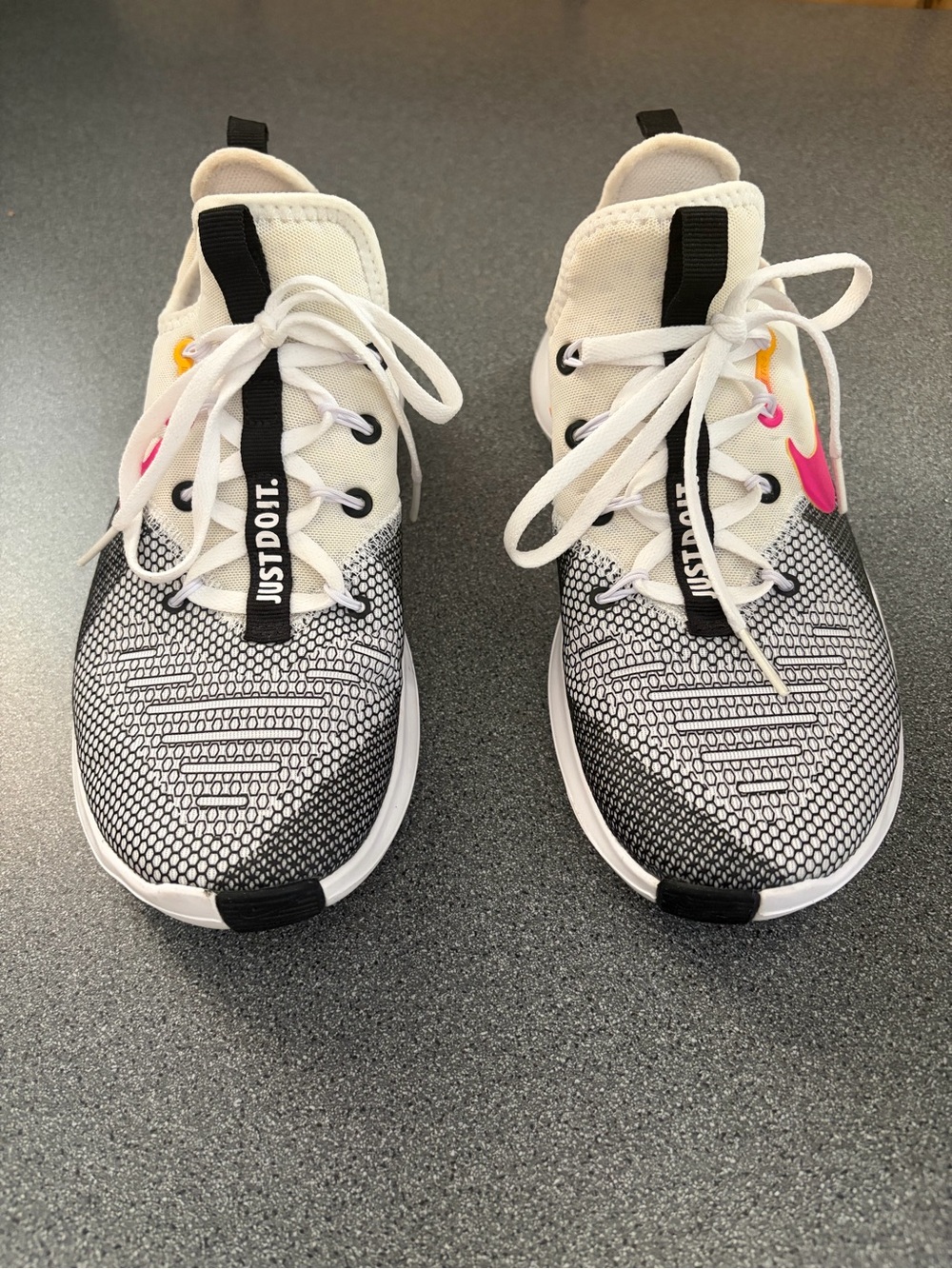 Nike White and Black Women's Sneakers with Pink and Yellow Swoosh